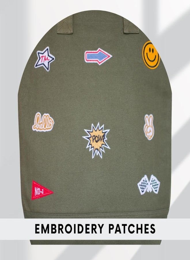 Roundsun Canvas Tote Bag with Fun Patches | Casual Shopping Shoulder Bag | Olive | Black | Navy | White | Main Zip Closure | Outside Pocket with Zip Closure | Eco Friendly (1.Olive) - Image 4